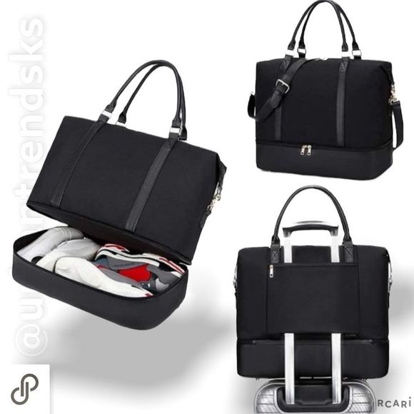 Travel Weekender Bag Overnight Travel Tote Luggage Black with shoe compartment - Picture 2 of 4